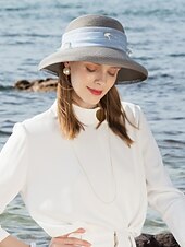 cheap Party Hats-Hats Polyester Tulle Straw Hat Sun Hat Casual Beach Vintage With Crystals Headpiece Headwear