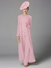 cheap Mom&#039;s Pant Suits-Beach Wedding Jumpsuit / Pantsuit 3 Piece Mother of the Bride  Formal Wedding Guest Elegant Plus Size Wrap Included Bateau Neck Floor Length Chiffon Long Sleeve Wrap Included with Beading