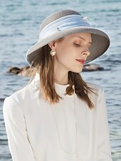 cheap Party Hats-Hats Polyester Tulle Straw Hat Sun Hat Casual Beach Vintage With Crystals Headpiece Headwear