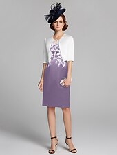 cheap With Jacket-Sheath / Column Mother of the Bride Dress Wrap Included Jewel Neck Knee Length Satin Lace Sleeveless with Appliques 2023