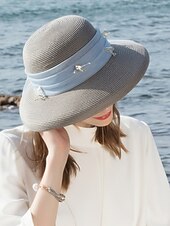 cheap Party Hats-Hats Polyester Tulle Straw Hat Sun Hat Casual Beach Vintage With Crystals Headpiece Headwear