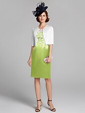 cheap With Jacket-Sheath / Column Mother of the Bride Dress Wrap Included Jewel Neck Knee Length Satin Lace Sleeveless with Appliques 2023