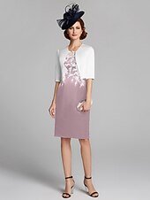 cheap With Jacket-Sheath / Column Mother of the Bride Dress Wrap Included Jewel Neck Knee Length Satin Lace Sleeveless with Appliques 2023