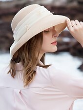 cheap Party Hats-Hats Polyester Tulle Straw Hat Sun Hat Casual Beach Vintage With Crystals Headpiece Headwear