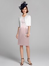 cheap With Jacket-Sheath / Column Mother of the Bride Dress Wrap Included Jewel Neck Knee Length Satin Lace Sleeveless with Appliques 2023
