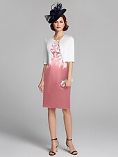 cheap With Jacket-Sheath / Column Mother of the Bride Dress Wrap Included Jewel Neck Knee Length Satin Lace Sleeveless with Appliques 2023