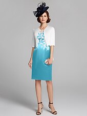 cheap With Jacket-Sheath / Column Mother of the Bride Dress Wrap Included Jewel Neck Knee Length Satin Lace Sleeveless with Appliques 2023