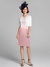 cheap With Jacket-Sheath / Column Mother of the Bride Dress Wrap Included Jewel Neck Knee Length Satin Lace Sleeveless with Appliques 2023