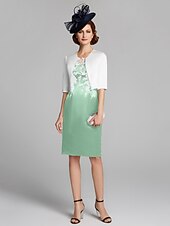 cheap With Jacket-Sheath / Column Mother of the Bride Dress Wrap Included Jewel Neck Knee Length Satin Lace Sleeveless with Appliques 2023