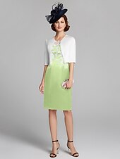 cheap With Jacket-Sheath / Column Mother of the Bride Dress Wrap Included Jewel Neck Knee Length Satin Lace Sleeveless with Appliques 2023