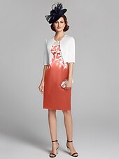 cheap With Jacket-Sheath / Column Mother of the Bride Dress Wrap Included Jewel Neck Knee Length Satin Lace Sleeveless with Appliques 2023