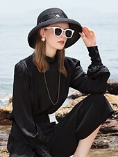 cheap Party Hats-Hats Polyester Tulle Straw Hat Sun Hat Casual Beach Vintage With Crystals Headpiece Headwear