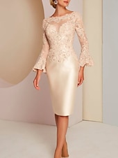 cheap Tea Length-Beach Wedding Sheath Gold Dresses Mother of the Bride Dress Elegant Vintage Luxurious Jewel Neck Knee Length Satin Lace Long Sleeve with Appliques dress Derby Dress Race Day Dress 2025