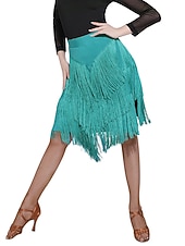 abordables Jupes Latines-Jupes de danse latine à franges et pompons fendus pour femmes, entraînement, performance, spandex naturel, mousseline de soie, polyester
