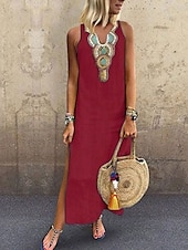cheap Dresses-Women&#039;s White Yellow Wine Summer Spring Fall Maxi Dress White Dress Cotton Linen Dresses Cotton Summer Dress Hot Casual Boho Vacation Holiday Beach Regular Fit Geometric V Neck