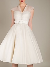 cheap Cocktail Dresses-A-Line Knee Length Cocktail Dresses Party Dresses 1950s Hot White Sleeveless V Neck Valentine's Day Wedding Guest Tulle with Sash / Ribbon