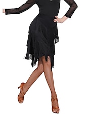 abordables Jupes Latines-Jupes de danse latine à franges et pompons fendus pour femmes, entraînement, performance, spandex naturel, mousseline de soie, polyester
