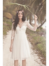 cheap Little White Dresses-Beach Wedding Reception Little White Dress Bridal Shower Dresses Sheath Square Neck Off Shoulder Long Sleeve Tea Length Tulle Bridal Suits Bridal Gowns With Solid Color dress to impress 2025