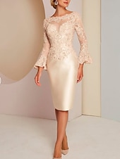 cheap Tea Length-Beach Wedding Sheath Gold Dresses Mother of the Bride Dress Elegant Vintage Luxurious Jewel Neck Knee Length Satin Lace Long Sleeve with Appliques dress Derby Dress Race Day Dress 2025