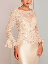 cheap Tea Length-Beach Wedding Sheath Gold Dresses Mother of the Bride Dress Elegant Vintage Luxurious Jewel Neck Knee Length Satin Lace Long Sleeve with Appliques dress Derby Dress Race Day Dress 2025