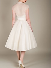 cheap Cocktail Dresses-A-Line Knee Length Cocktail Dresses Party Dresses 1950s Hot White Sleeveless V Neck Valentine's Day Wedding Guest Tulle with Sash / Ribbon