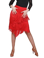 abordables Jupes Latines-Jupes de danse latine à franges et pompons fendus pour femmes, entraînement, performance, spandex naturel, mousseline de soie, polyester