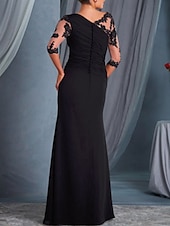 abordables Longueur du plancher-Robe Mère de la mariée A-Line invitée de mariage grande taille Col bateau Longueur maxi Chiffon Dentelle Manche demi avec appliques drapées robe à impressionner 2025 taille personnalisée gratuite