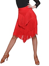 abordables Jupes Latines-Jupes de danse latine à franges et pompons fendus pour femmes, entraînement, performance, spandex naturel, mousseline de soie, polyester