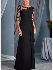 abordables Longueur du plancher-Robe Mère de la mariée A-Line invitée de mariage grande taille Col bateau Longueur maxi Chiffon Dentelle Manche demi avec appliques drapées robe à impressionner 2025 taille personnalisée gratuite