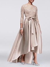 economico Lunghezza del pavimento-Abito A-Line per Madre della Sposa Ospite di Matrimonio Elegante Taglie Forti Alte Basse Scollo Gioiello Asimmetrico Satin Pizzo Maniche 3/4 con Sash  Nastro Applicazioni 2025 taglia personalizzata