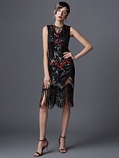 preiswerte 1920er Kleider-Goldene Zwanziger 1920er Knielang Kleid Flapper Kleid Halloween Kostüme Ärmellos Der große Gatsby Charleston Hochzeitsgast Pailletten Patchwork Bestickt V Ausschnitt Kostüm Damen Abschlussball