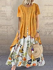 cheap Print Floral Dresses-Women&#039;s Casual Dress Linen Dress Swing Dress Long Dress Maxi Dress Green Short Sleeve Floral Patchwork Summer Spring Crew Neck Fashion 2023 5XL
