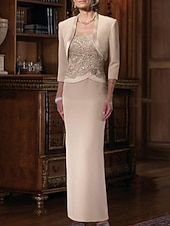 abordables Ensembles de robes pour maman-Robe fourreau mère de la mariée invitée de mariage élégante grande taille encolure droite longueur au sol en chiffon satin dentelle sans manches robes à courte veste avec ceinture  appliques en ruban