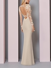 abordables Longueur du plancher-Robe de mère de la mariée en silhouette ajustée pour invitée de mariage élégante transparente col bijou longueur sol dentelle manches longues avec appliques taille personnalisée gratuite