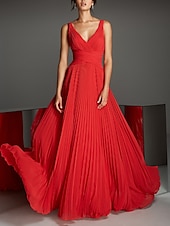 preiswerte ROT-A-Linie Abendkleid Empire Kleid Verlobung Formal Abend Bodenlang Ärmellos V-Ausschnitt Brautjungfernkleid Chiffon mit Falten 2025