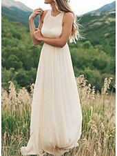 cheap Wedding Dresses-Hall Casual Wedding Dresses Sweep / Brush Train A-Line Regular Straps Jewel Neck Chiffon With Draping 2023 Bridal Gowns