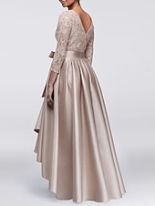 economico Lunghezza del pavimento-Abito A-Line per Madre della Sposa Ospite di Matrimonio Elegante Taglie Forti Alte Basse Scollo Gioiello Asimmetrico Satin Pizzo Maniche 3/4 con Sash  Nastro Applicazioni 2025 taglia personalizzata