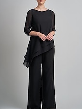 abordables Combinaisons pour maman-Combinaison  pantalon mère de la mariée élégante grande taille col bijou longueur de sol chiffon manches 3/4 avec dentelle pour impressionner taille personnalisée gratuite