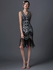 preiswerte 1920er Kleider-Goldene Zwanziger 1920er Knielang Kleid Flapper Kleid Halloween Kostüme Ärmellos Der große Gatsby Charleston Hochzeitsgast Pailletten Patchwork Bestickt V Ausschnitt Kostüm Damen Abschlussball