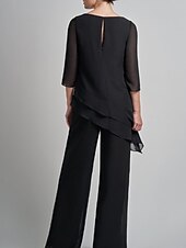 abordables Combinaisons pour maman-Combinaison  pantalon mère de la mariée élégante grande taille col bijou longueur de sol chiffon manches 3/4 avec dentelle pour impressionner taille personnalisée gratuite