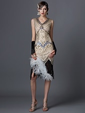 preiswerte 1920er Kleider-Goldene Zwanziger 1920er Knielang Kleid Flapper Kleid Halloween Kostüme Ärmellos Der große Gatsby Charleston Hochzeitsgast Pailletten Patchwork Bestickt V Ausschnitt Kostüm Damen Abschlussball
