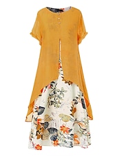 cheap Print Floral Dresses-Women&#039;s Casual Dress Linen Dress Swing Dress Long Dress Maxi Dress Green Short Sleeve Floral Patchwork Summer Spring Crew Neck Fashion 2023 5XL