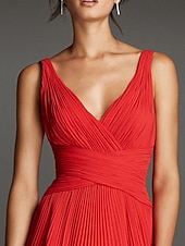 preiswerte ROT-A-Linie Abendkleid Empire Kleid Verlobung Formal Abend Bodenlang Ärmellos V-Ausschnitt Brautjungfernkleid Chiffon mit Falten 2025