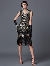 preiswerte 1920er Kleider-Goldene Zwanziger 1920er Knielang Kleid Flapper Kleid Halloween Kostüme Ärmellos Der große Gatsby Charleston Hochzeitsgast Pailletten Patchwork Bestickt V Ausschnitt Kostüm Damen Abschlussball