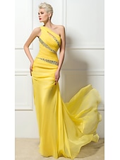 baratos AMARELO-Vestido de Noite Estilo Sheath Vestido Sexy Convidada de Casamento Noivado Cauda de Arrasto Sem Mangas Um Ombro 30D Chiffon Costas Nua com Cristais Pregueados Lantejoulas 2025
