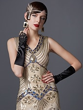 preiswerte 1920er Kleider-Goldene Zwanziger 1920er Knielang Kleid Flapper Kleid Halloween Kostüme Ärmellos Der große Gatsby Charleston Hochzeitsgast Pailletten Patchwork Bestickt V Ausschnitt Kostüm Damen Abschlussball