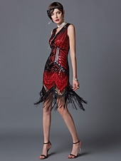 preiswerte 1920er Kleider-Goldene Zwanziger 1920er Knielang Kleid Flapper Kleid Halloween Kostüme Ärmellos Der große Gatsby Charleston Hochzeitsgast Pailletten Patchwork Bestickt V Ausschnitt Kostüm Damen Abschlussball