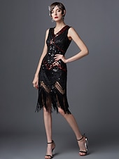 preiswerte 1920er Kleider-Goldene Zwanziger 1920er Knielang Kleid Flapper Kleid Halloween Kostüme Ärmellos Der große Gatsby Charleston Hochzeitsgast Pailletten Patchwork Bestickt V Ausschnitt Kostüm Damen Abschlussball