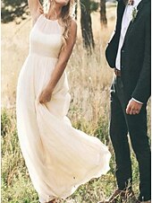 cheap Wedding Dresses-Hall Casual Wedding Dresses Sweep / Brush Train A-Line Regular Straps Jewel Neck Chiffon With Draping 2023 Bridal Gowns