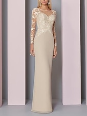 abordables Longueur du plancher-Robe de mère de la mariée en silhouette ajustée pour invitée de mariage élégante transparente col bijou longueur sol dentelle manches longues avec appliques taille personnalisée gratuite